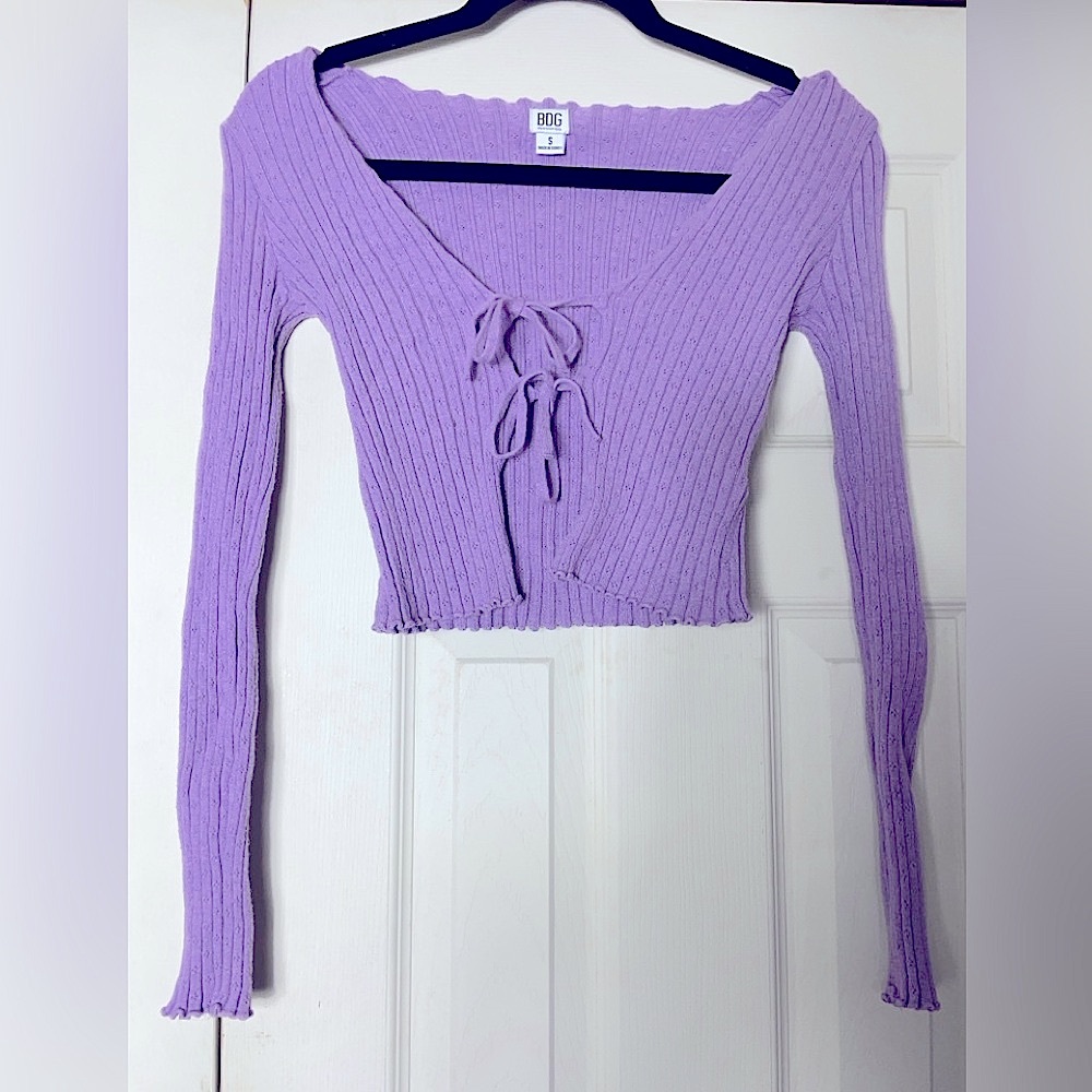 Purple Ribbed Knit Tie-Front Top